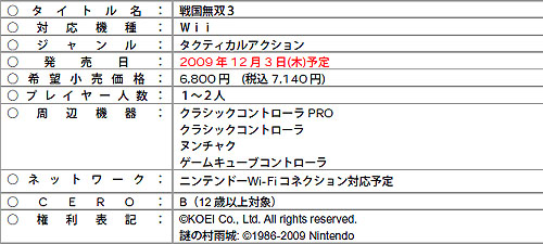 画像ギャラリー No.001のサムネイル画像 / Wii「戦国無双3」の発売日が12月3日に決定。Wii本体＋特製クラコン同梱パックの発売も