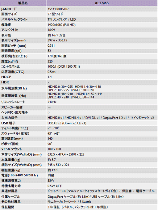 画像ギャラリー No.005のサムネイル画像 / BenQ ZOWIE,240Hz表示対応の27型フルHD液晶ディスプレイ「XL2746S」を3月27日に発売。残像感低減技術の強化が見どころ