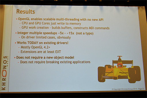 画像ギャラリー No.011のサムネイル画像 / ［GDC 2014］Compute Shader導入で注目が集まるOpenGL ES 3.1セッションレポート。OpenGLのドライバオーバーヘッドは「Mantle」と戦えるレベルに