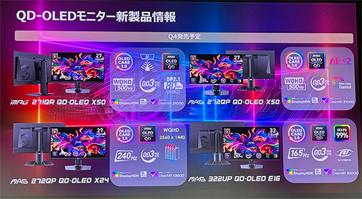 画像ギャラリー No.001のサムネイル画像 / 500Hz表示に対応した量子ドット有機ELパネル採用27型モデルなど，MSIが国内発売予定のゲーマー向けディスプレイを公開