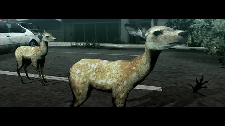 画像ギャラリー No.011のサムネイル画像 / 「TOKYO JUNGLE」,ストーリーモードのスクリーンショットを掲載。ポメラニアンにボスネコが,ニホンジカにチーターや恐竜が襲いかかる