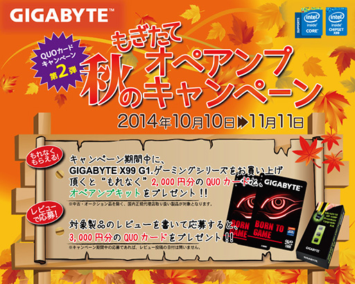 画像ギャラリー No.001のサムネイル画像 / GIGABYTE製ゲーマー向けX99マザー購入でQUOカード2000円分と交換用OPAMPがもらえるキャンペーン。11月11日まで