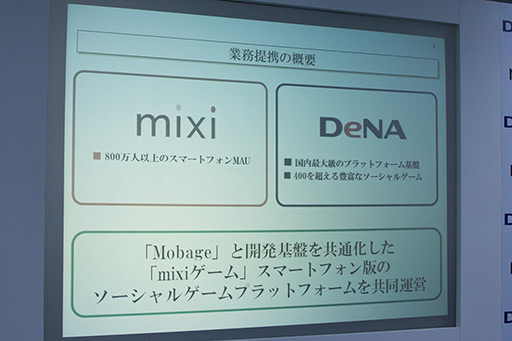 画像ギャラリー No.001のサムネイル画像 / スマートフォン版「mixiゲーム」が「Mobage」の開発基盤と共通に。ミクシィとディー・エヌ・エーが業務提携を発表