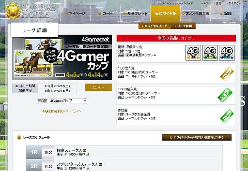 画像ギャラリー No.003のサムネイル画像 / 「オーナーズホース サラブレッドロワイヤル」で，本日4月1日より「4Gamerカップ」のエントリーが本当にスタート
