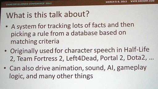 画像ギャラリー No.002のサムネイル画像 / ［GDC 2012］Valve，データベースを使ったファジーな会話システムを紹介するレクチャーを実施。シンプルな原理で，複雑な会話も可能に