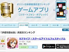 オリコンの「2015年 ゲームアプリ年間ランキング」評価項目総合1位は「ラブライブ！スクフェス」が獲得。開発元のKLabもメーカーランキングでトップに