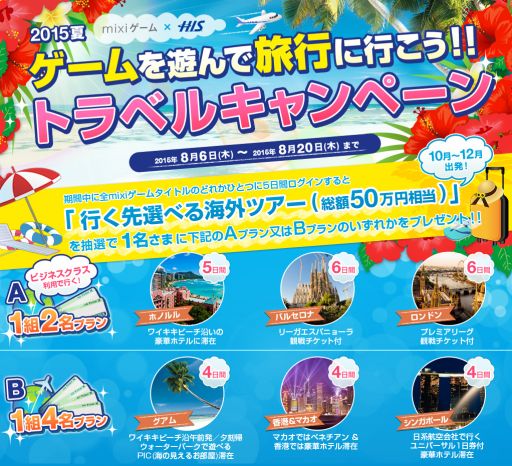画像ギャラリー No.001のサムネイル画像 / mixiゲーム，海外旅行などが当たるH.I.S.とのコラボキャンペーンがスタート