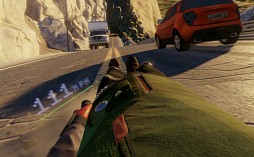 画像ギャラリー No.007のサムネイル画像 / ［E3 2014］ソニーのVR対応型HMD「Morpheus」，その新作デモ2作品をレポート。路面スレスレを滑走し，恐竜と間近に触れ合える迫力の超体験だ