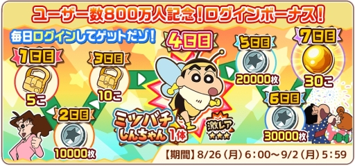 画像ギャラリー No.003のサムネイル画像 / 「クレヨンしんちゃん 嵐を呼ぶ 炎のカスカベランナー!!」のユーザー数が800万人突破。記念のログインボーナスが8月26日から配布