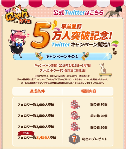 画像ギャラリー No.002のサムネイル画像 / 「マイにゃんカフェ」,事前登録者5万人突破記念でTwitterキャンペーンを開催
