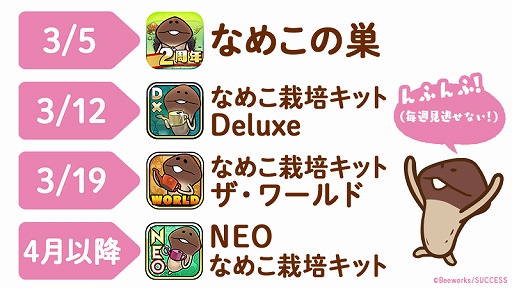 画像ギャラリー No.002のサムネイル画像 / 「なめこ栽培キット」「なめこの巣」シリーズの各アプリが3月に大型アップデートを実施予定