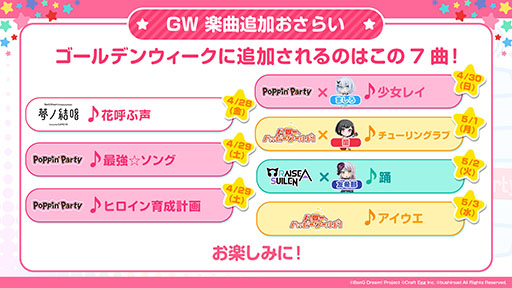 画像ギャラリー No.004のサムネイル画像 / 「ガルパ」，4月29日にスタートするGWキャンペーンでは最大70回の無料ガチャを引けるチャンス。楽曲追加や限定メンバーの情報も明らかに
