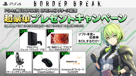 画像ギャラリー No.002のサムネイル画像 / PS4版「ボーダーブレイク」が本日発売。PlayStation StoreではPS4 Proやブラビア，AKRacingのチェアなどが当たるキャンペーンを実施中