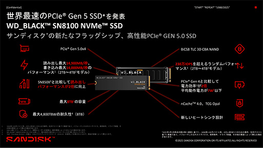 画像ギャラリー No.004のサムネイル画像 / PCIe 5.0対応でさらに速くなったM.2 SSD「WD_BLACK SN8100」が6月中旬に発売。容量は1/2/4TBで，容量8TBモデルも後日発売