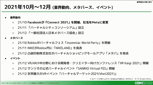 画像ギャラリー No.006のサムネイル画像 / ［CEDEC 2022］XRとメタバース業界で過去1年間に起きた，技術やビジネスの動向を凝縮して語るセッションをレポート