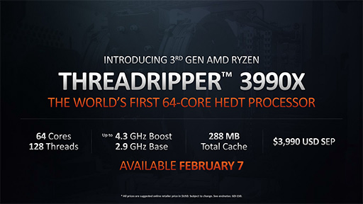 画像ギャラリー No.003のサムネイル画像 / AMD，1パッケージで64コア128スレッドを実現したCPU「Ryzen Threadripper 3990X」を2月8日発売。価格は約50万円
