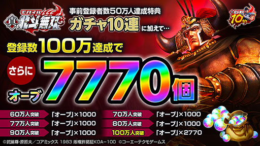 画像ギャラリー No.002のサムネイル画像 / スマホアプリ「真・北斗無双」の事前登録者数が50万人を突破。追加目標をすべてクリアするとオーブ7770個も追加でプレゼント