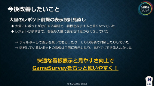 画像ギャラリー No.029のサムネイル画像 / 「FF16」の開発・デバッグを支えたシステム“GameSurvey”とは？　導入の経緯から機能の解説，成果が語られたセッションをレポート［CEDEC 2024］