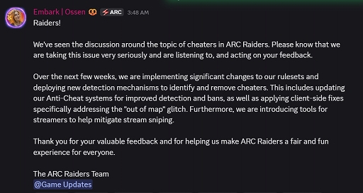 画像ギャラリー No.003のサムネイル画像 / Embark Studios，ゲーマーからの問題提起を受けて「ARC Raiders」に蔓延するチーターの抜本的対策を表明