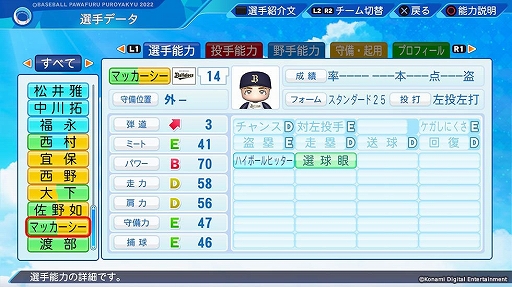 画像ギャラリー No.014のサムネイル画像 / 「パワプロ2022」「プロスピ2021」,最新の選手データを反映する無料アップデートを7月21日に実施。追加選手11名の能力データも公開