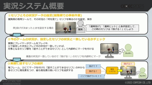 画像ギャラリー No.005のサムネイル画像 / ［CEDEC 2023］「スト6」の対戦を盛り上げる「自動実況機能」は，どのように作られたのか。システム構築や技術を解説するセッションをレポート