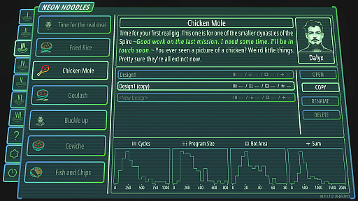 画像ギャラリー No.002のサムネイル画像 / サイバーパンク風調理効率化ゲーム「Neon Noodles」,正式リリース。シェフロボットをプログラミングし,工程が少ないスマートな調理を目指す