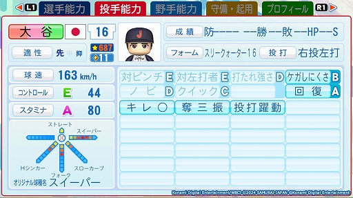 画像ギャラリー No.002のサムネイル画像 / 「パワフルプロ野球2024-2025」,二刀流で登場する大谷翔平選手の能力値を公開。投手では球種にスイーパーを備え,打者ではパワー 95に