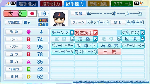 画像ギャラリー No.003のサムネイル画像 / 「パワフルプロ野球2024-2025」,二刀流で登場する大谷翔平選手の能力値を公開。投手では球種にスイーパーを備え,打者ではパワー 95に