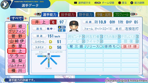 画像ギャラリー No.002のサムネイル画像 / 「パワフルプロ野球2024-2025」第7回アップデートを実施。2024年シーズン終了時点の選手データを反映,井上温大選手のフォークも変化