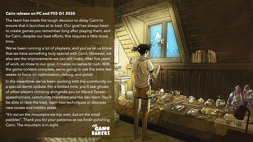 画像ギャラリー No.001のサムネイル画像 / ロッククライミングゲーム「Cairn」，2026年第1四半期に発売延期。体験版のアップデートを近日配信予定