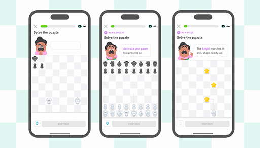 画像ギャラリー No.002のサムネイル画像 / 語学アプリ「Duolingo」,チェスコースをiOS版に実装。オスカーの手ほどきで,完全な初心者から中級レベルを目指してロジックや戦略を学べる