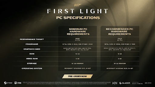 画像ギャラリー No.002のサムネイル画像 / PC版「007 First Light」,要求スペックの修正版を公開。1080p/60fps要件では,メモリは32GBから16GBに,VRAMは12GBから8GBに修正