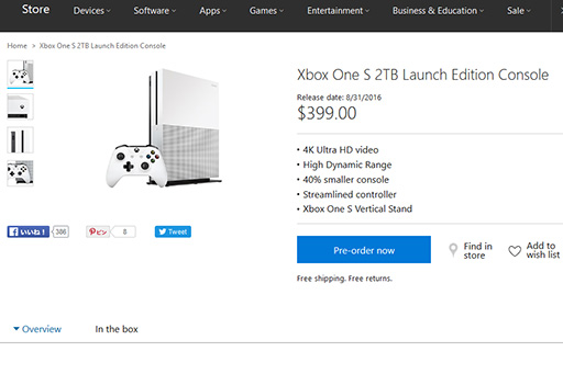 画像ギャラリー No.002のサムネイル画像 / ［E3 2016］「Xbox One S」の「Launch Edition」が北米で予約受付中。容量2TBのHDDを搭載し，399ドル（税別）で8月31日発売予定