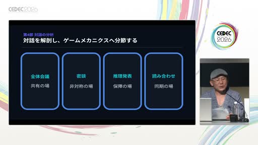 画像ギャラリー No.016のサムネイル画像 / プレイヤー同士の「対話」はメカニクスとして設計できる。マーダーミステリー作家が解剖する，コミュニケーションゲームの構造［CEDEC 2026］