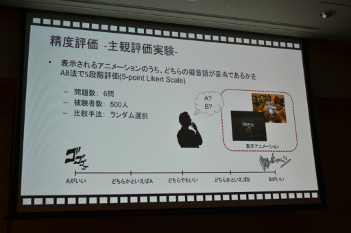 画像ギャラリー No.015のサムネイル画像 / ［CEDEC 2014］3Dモーションデータから擬音語を自動生成。音がなくても擬音語が自動的に表示される技術とは