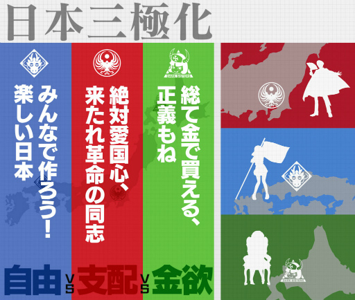 画像ギャラリー No.001のサムネイル画像 / ケイブ完全新作「3jus」のティザーサイトに“日本三極化”が掲示――愛国心で支配,楽しい自由,正義も買える金欲,3つの思想が対立?
