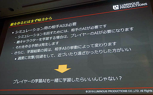 画像ギャラリー No.026のサムネイル画像 / ［CEDEC 2019］ゲームの敵AIはAIに作らせる。「『強い』を作るだけが能じゃない！ディープラーニングで3Dアクションゲームの敵AIを作ってみた」聴講レポート