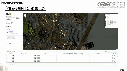 画像ギャラリー No.002のサムネイル画像 / ［CEDEC 2021］フロム・ソフトウェアの開発支援ツール「情報地図」を紹介する講演をレポート。マップに埋め込まれた情報をWebアプリで閲覧