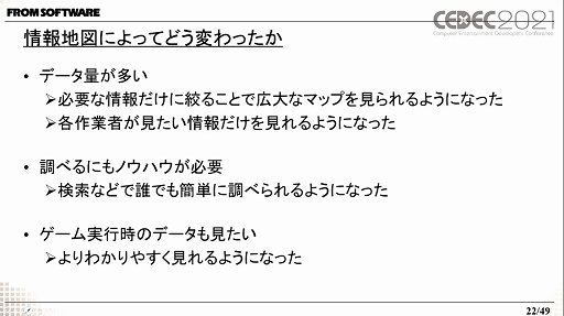 画像ギャラリー No.009のサムネイル画像 / ［CEDEC 2021］フロム・ソフトウェアの開発支援ツール「情報地図」を紹介する講演をレポート。マップに埋め込まれた情報をWebアプリで閲覧