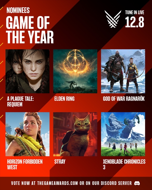 画像ギャラリー No.001のサムネイル画像 / The Game Awards 2022のノミネート作品が公開に。GOTY候補は「ELDEN RING」や「ゴッド・オブ・ウォー ラグナロク」など