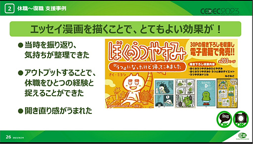 画像ギャラリー No.007のサムネイル画像 / ［CEDEC 2023］メンタル不調に必要なのは，周囲の理解と助け。サイバーコネクトツーの社員が休職から復帰し，エッセイ漫画を描くまでの道のり