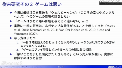 画像ギャラリー No.011のサムネイル画像 / ［CEDEC 2023］ゲームと“こころの健康”はどう関係している？　ゲームがウェルビーイングに与える影響をテーマにした講演をレポート