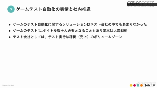 画像ギャラリー No.009のサムネイル画像 / ［CEDEC 2023］ゲーム開発のテスト自動化を進めるうえで知っておきたいこと。実例をとおして語られたQA事業のセッションをレポート