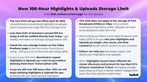 画像ギャラリー No.003のサムネイル画像 / Twitch,ダイジェストとアップロード機能を1アカウントにつき「合計100時間」とするストレージ制限を4月19日から導入
